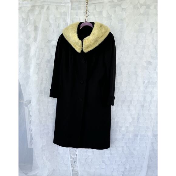Vintage 50s 60s Long Black Coat 100% Wool Fur Mod Deb Hollywood Glam Retro - Picture 3 of 13